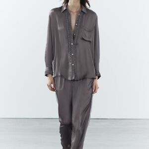 Zara ZW Collection Embroidered Satin Effect Shirt Size X-Large Charcoal Gray